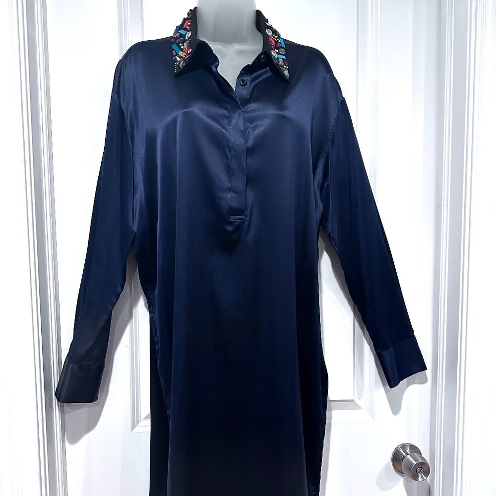 New DKNY Silk/Satin Shirt Dress w/Embellished Collar, Size M (NWOT)